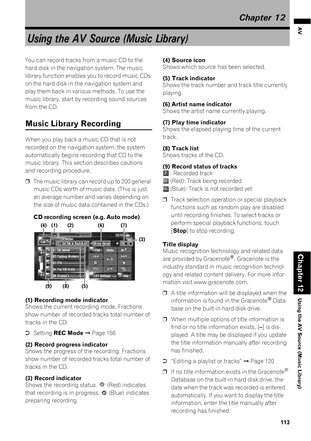 Pioneer AVIC-Z1 operation manual Using the AV Source Music Library, Music Library Recording, 113 