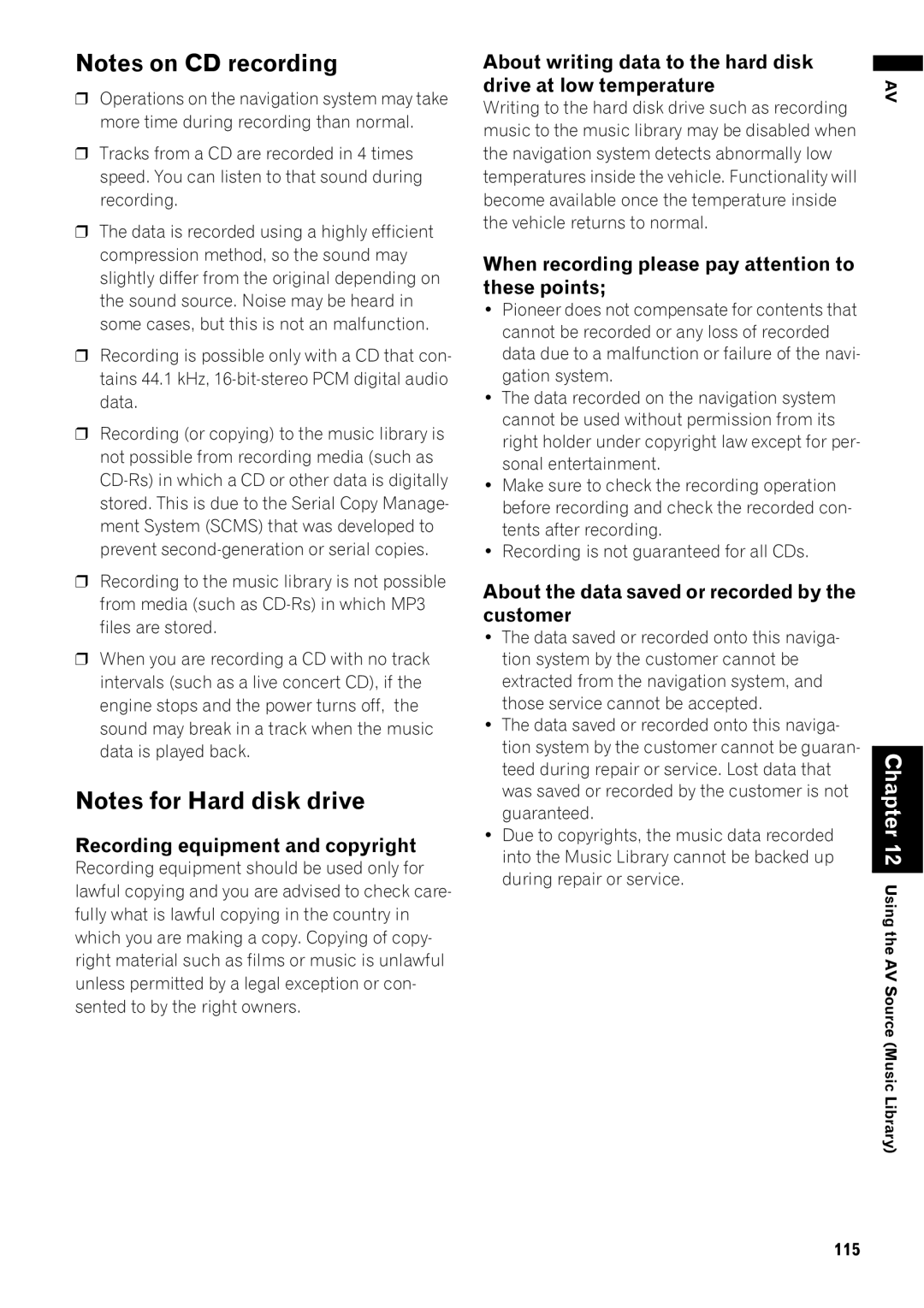 Pioneer AVIC-Z1 operation manual Recording equipment and copyright, When recording please pay attention to these points 