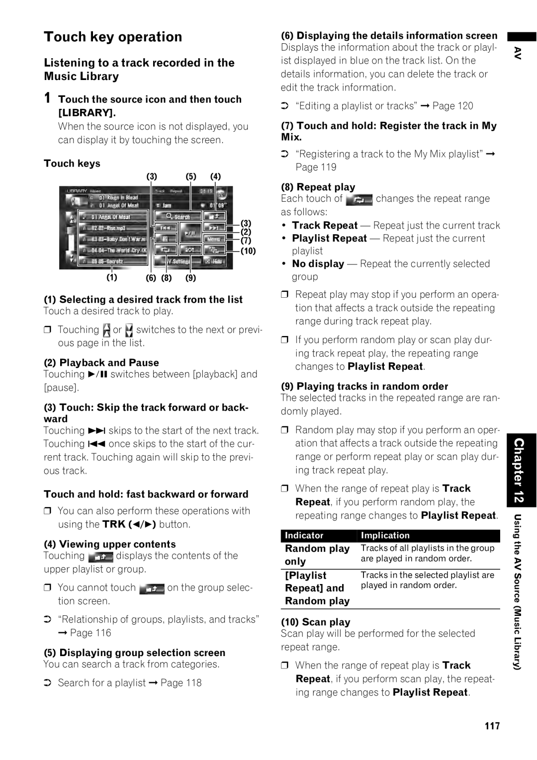 Pioneer AVIC-Z1 operation manual Listening to a track recorded in the Music Library, Only, Playlist, Repeat, 117 