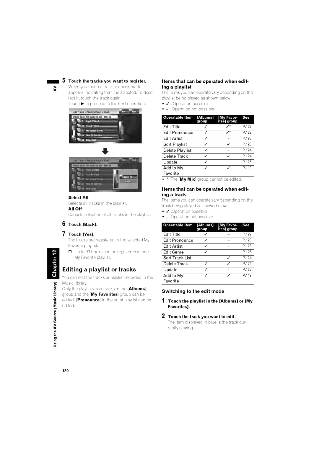 Pioneer AVIC-Z1 Edit Title, Edit Pronounce, Edit Artist, Sort Playlist, Delete Playlist, Delete Track, Update, Add to My 