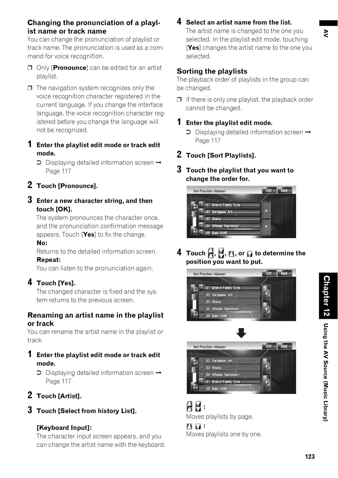 Pioneer AVIC-Z1 operation manual Sorting the playlists, Yes changes the artist name to the one you selected, 123 