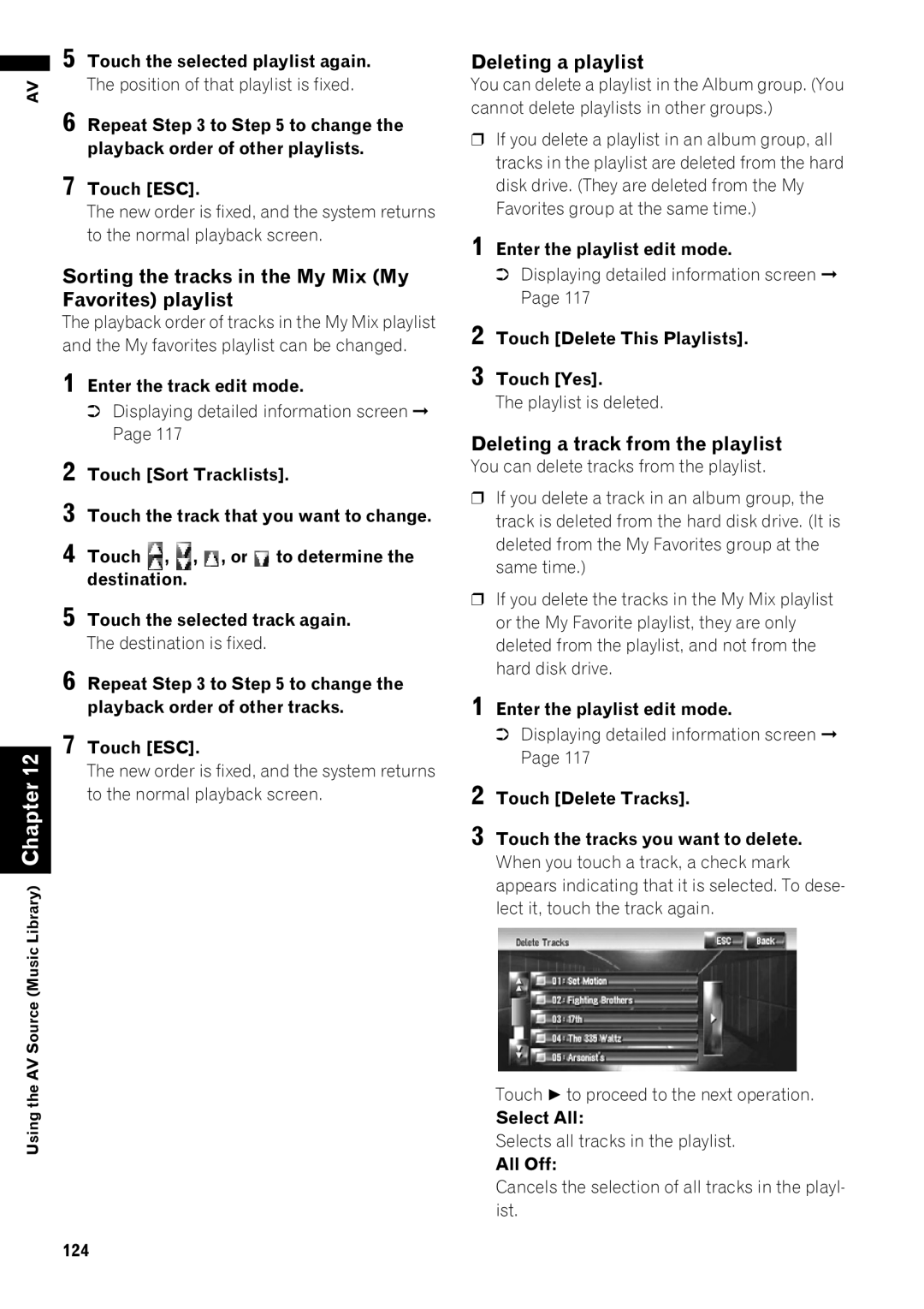 Pioneer AVIC-Z1 operation manual Sorting the tracks in the My Mix My Favorites playlist, Deleting a playlist 