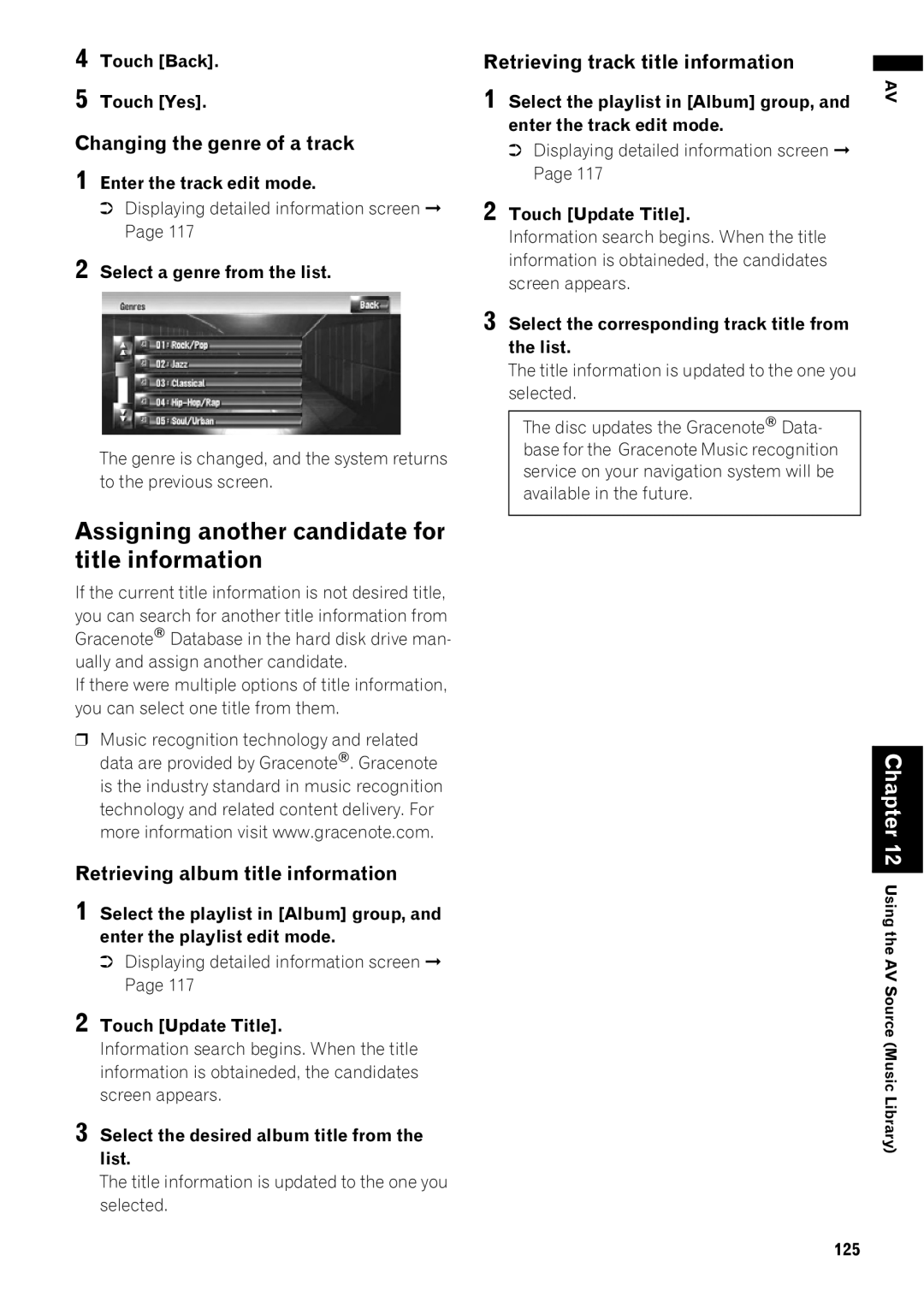 Pioneer AVIC-Z1 operation manual Assigning another candidate for title information, Changing the genre of a track 