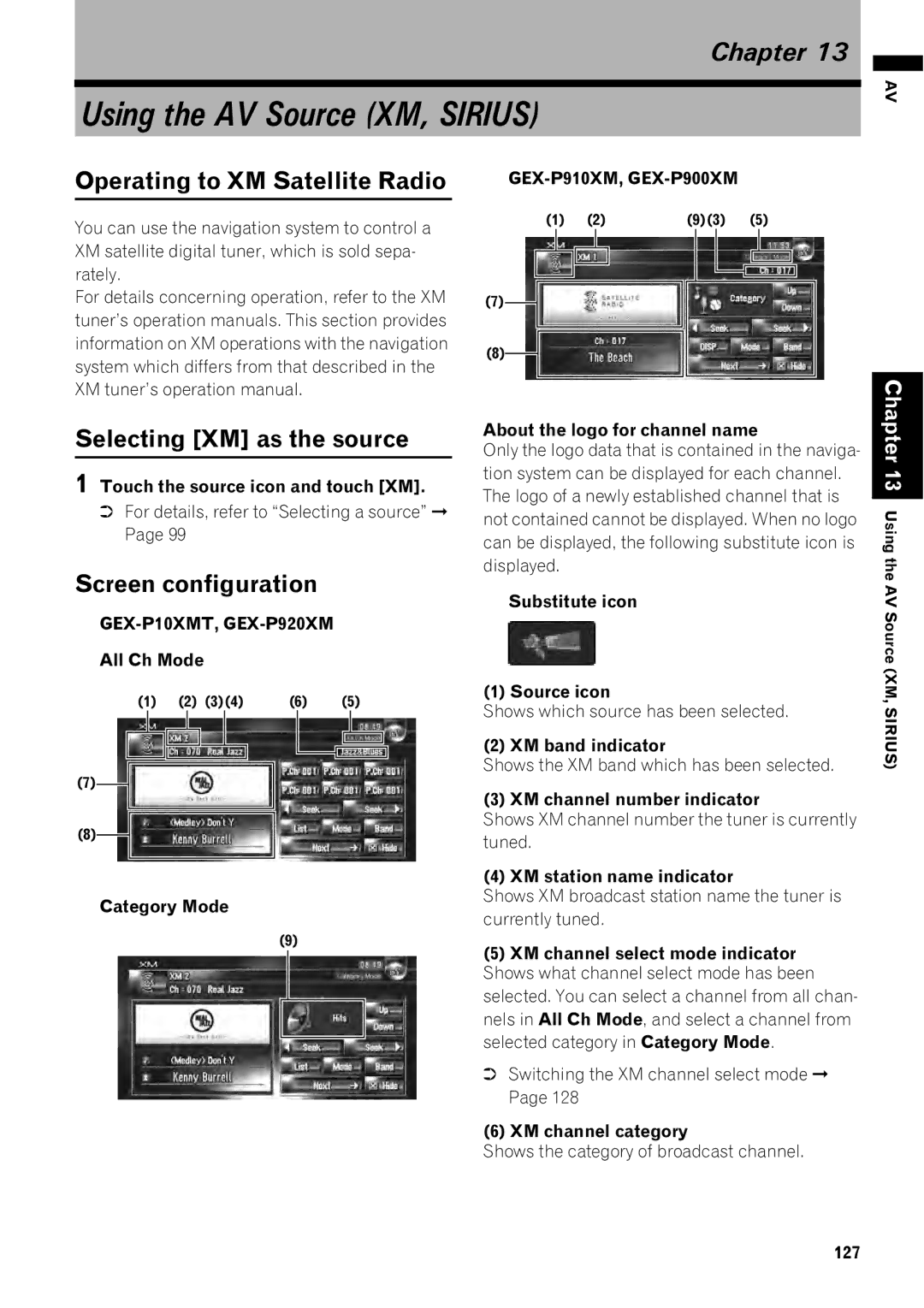 Pioneer AVIC-Z1 Using the AV Source XM, Sirius, Operating to XM Satellite Radio, Selecting XM as the source 