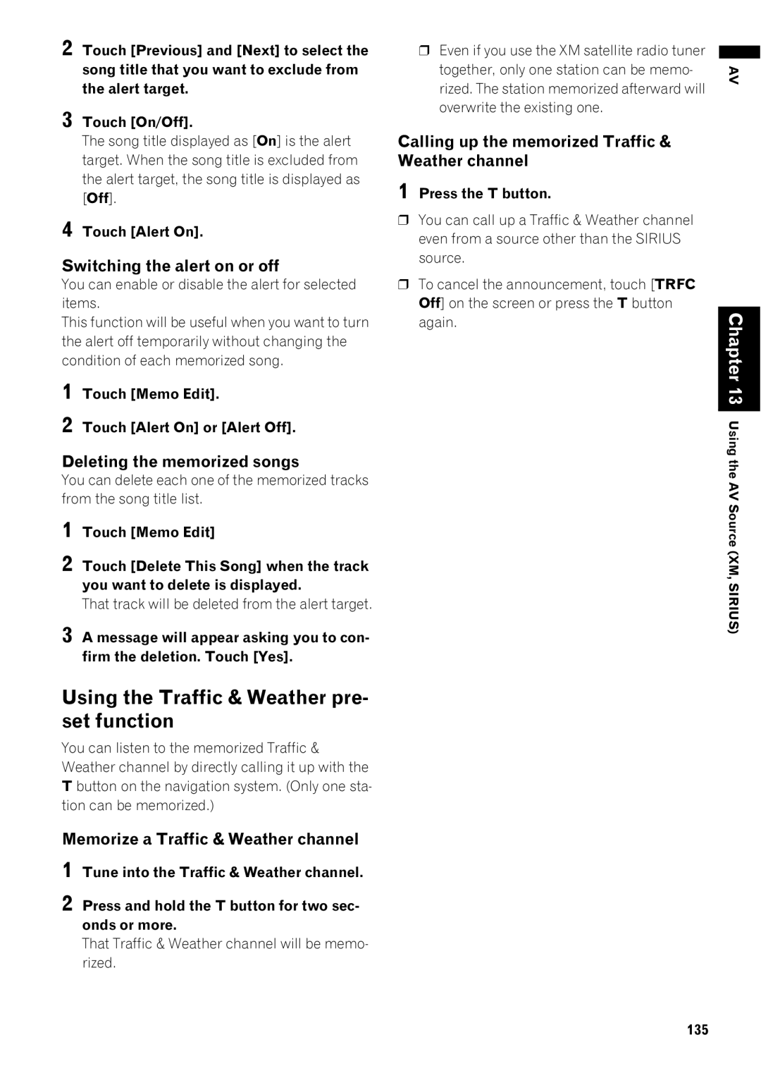 Pioneer AVIC-Z1 operation manual Using the Traffic & Weather pre- set function, Switching the alert on or off, 135 