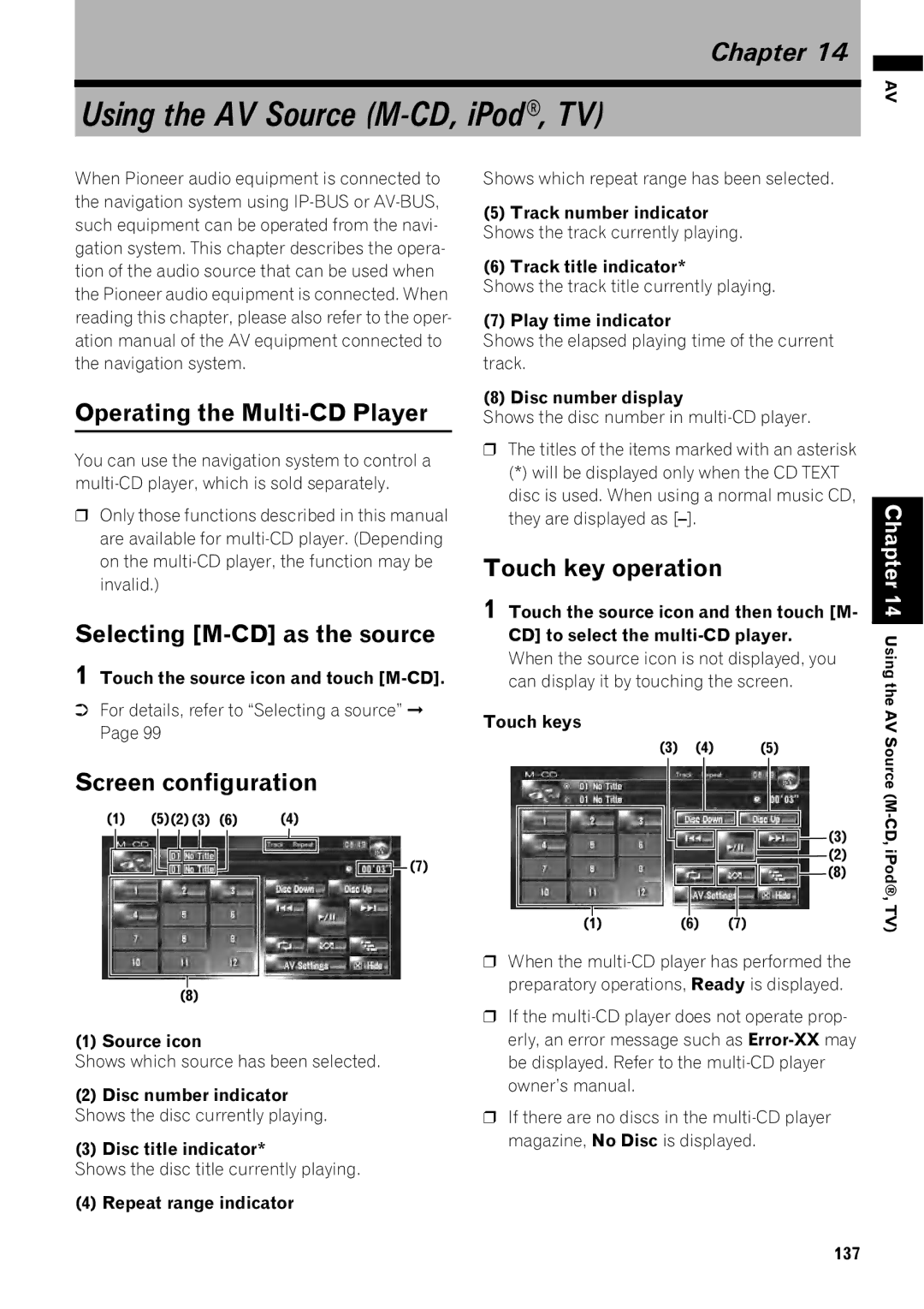 Pioneer AVIC-Z1 Using the AV Source M-CD, iPod, TV, Operating the Multi-CD Player, Selecting M-CD as the source 