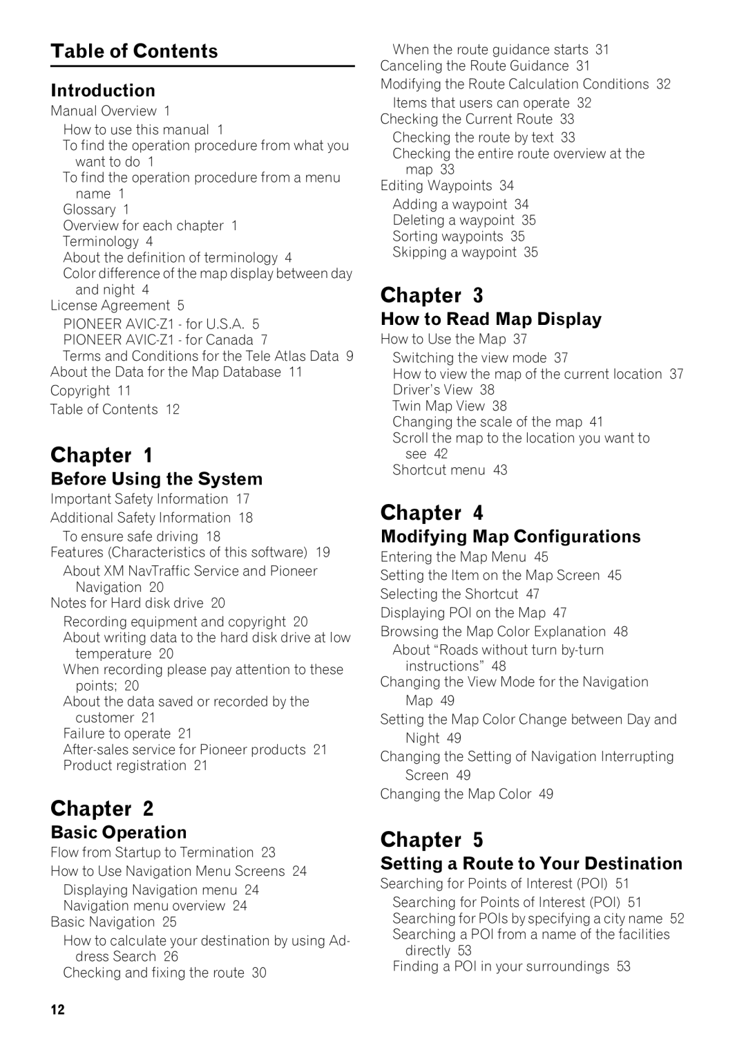 Pioneer AVIC-Z1 operation manual Chapter, Table of Contents 