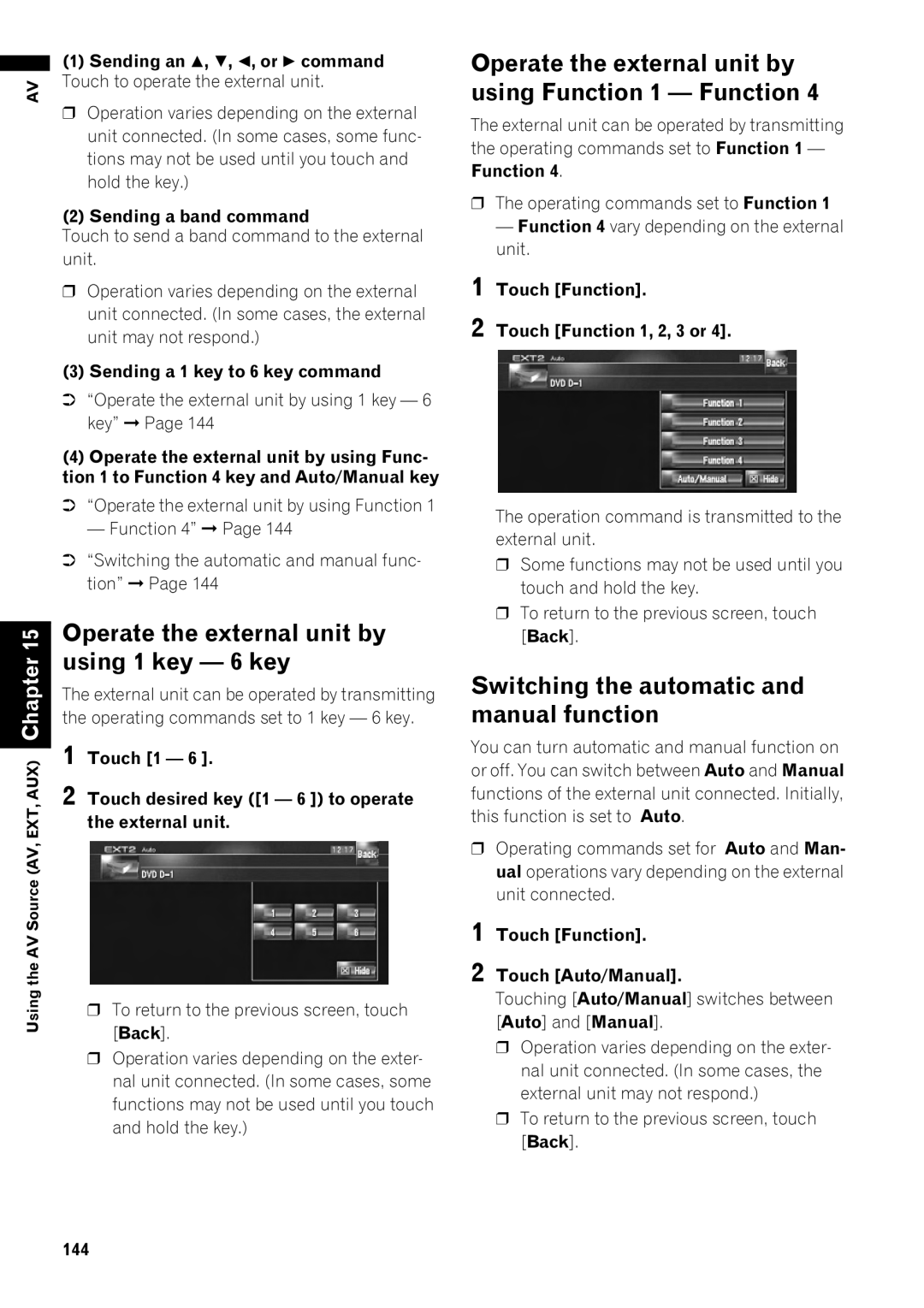 Pioneer AVIC-Z1 operation manual Using 1 key 6 key, Operate the external unit by using Function 1 Function 