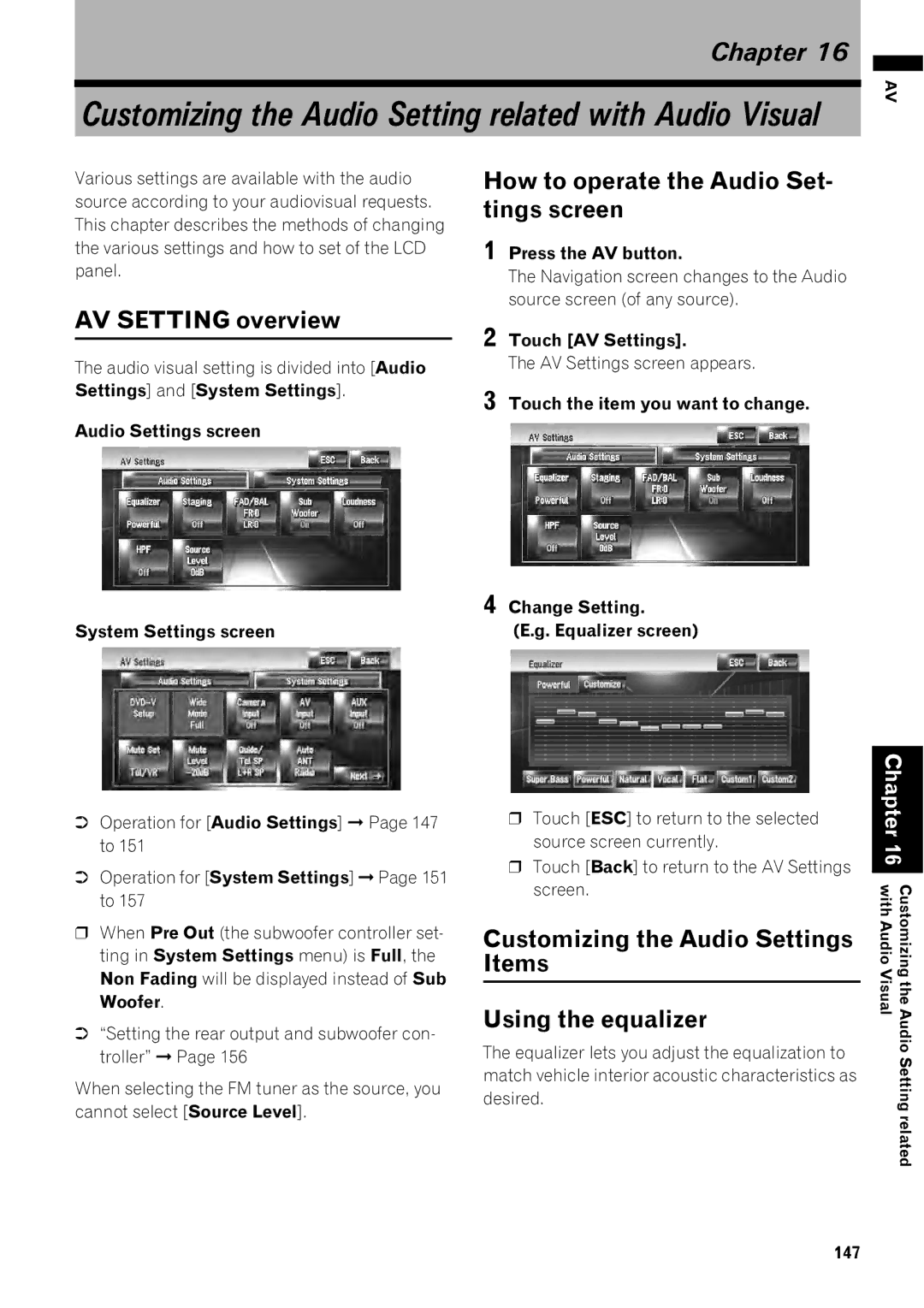 Pioneer AVIC-Z1 AV Setting overview, How to operate the Audio Set- tings screen, Customizing the Audio Settings 