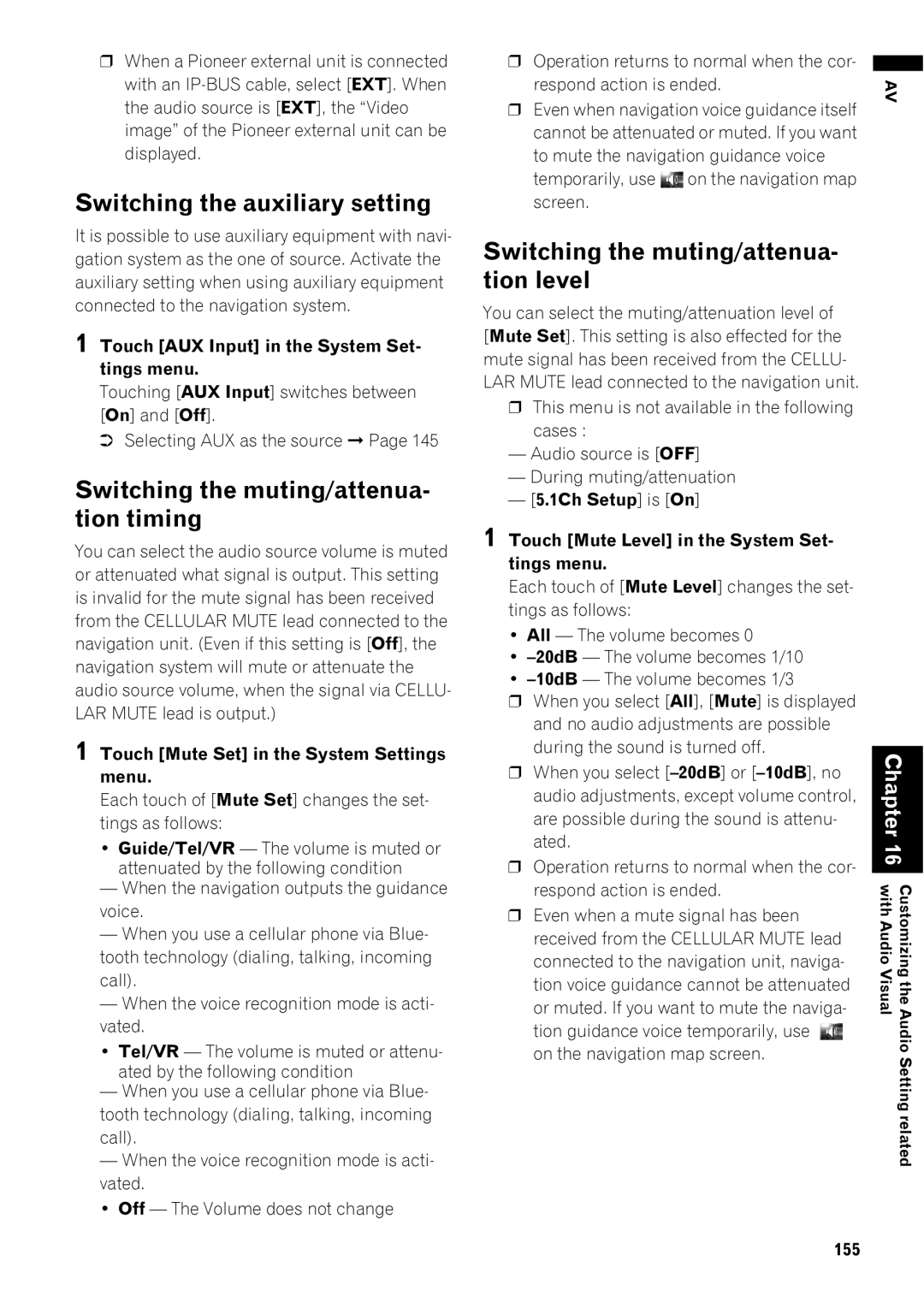 Pioneer AVIC-Z1 operation manual Switching the auxiliary setting, Switching the muting/attenua- tion timing 