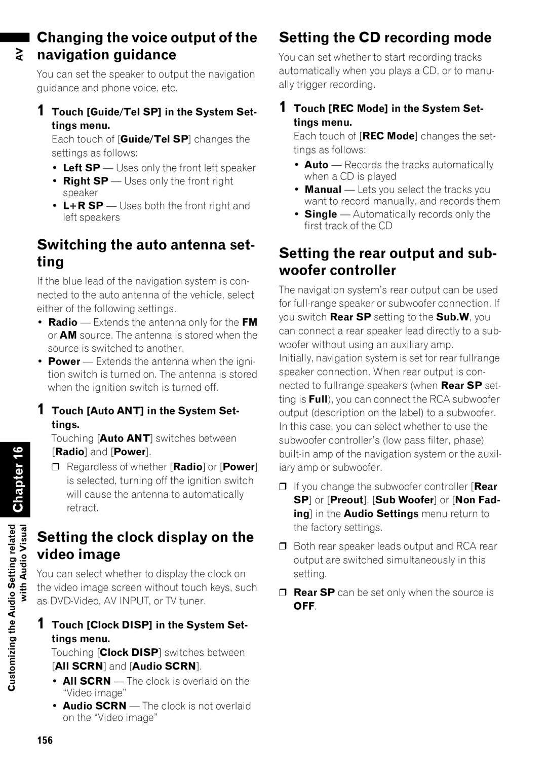Pioneer AVIC-Z1 Changing the voice output, Navigation guidance, Switching the auto antenna set- ting, Video image 