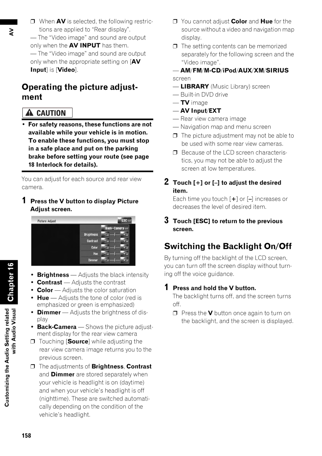 Pioneer AVIC-Z1 operation manual Operating the picture adjust- ment, Switching the Backlight On/Off 