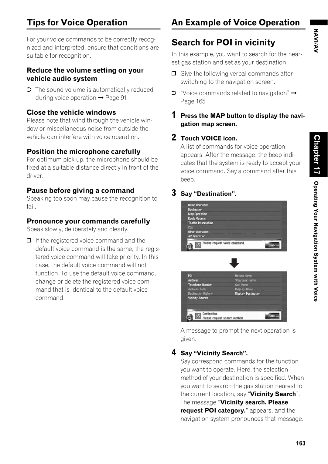 Pioneer AVIC-Z1 operation manual Tips for Voice Operation, An Example of Voice Operation Search for POI in vicinity 