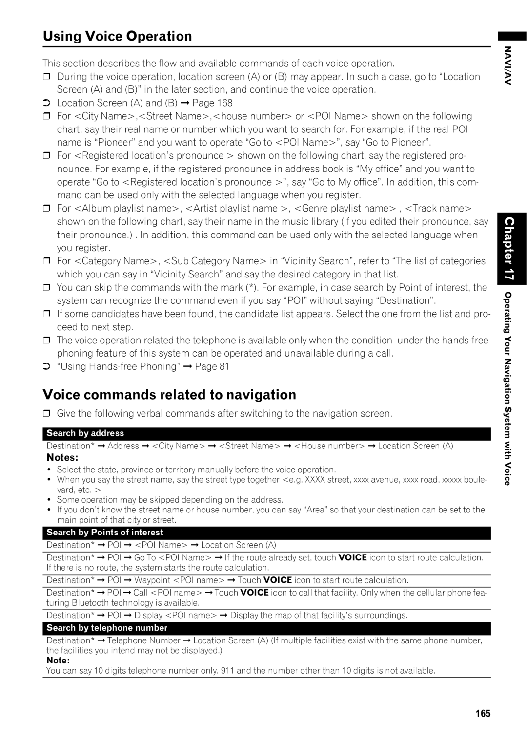 Pioneer AVIC-Z1 operation manual Using Voice Operation, Voice commands related to navigation, 165 