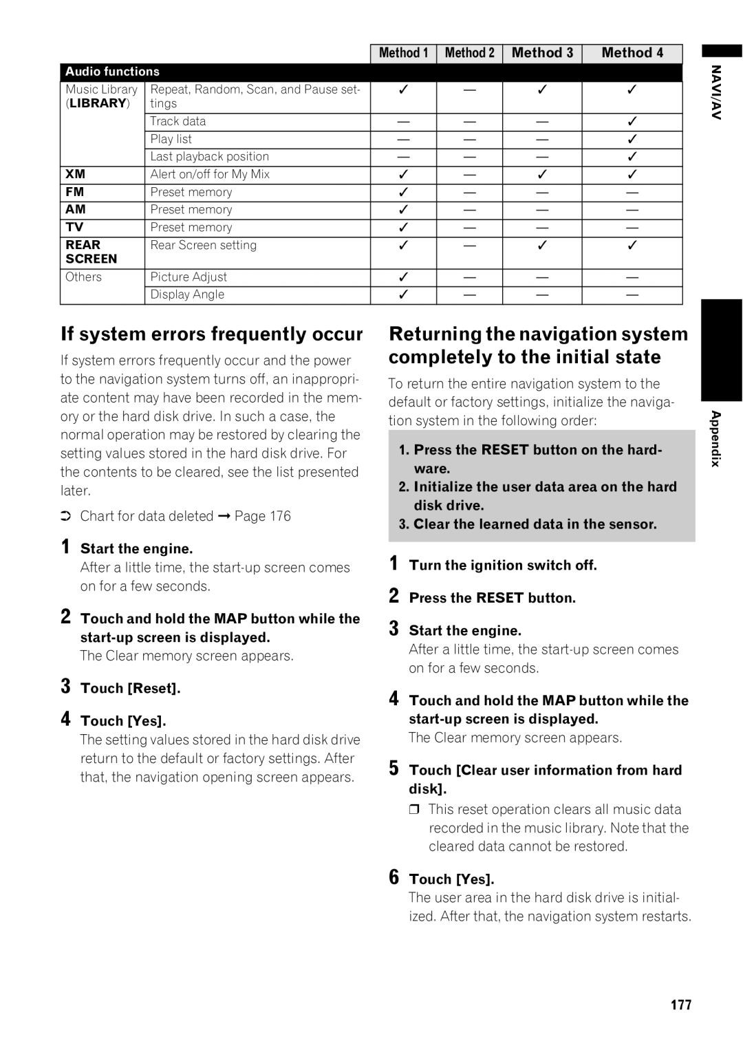 Pioneer AVIC-Z1 operation manual If system errors frequently occur, 177, Audio functions 