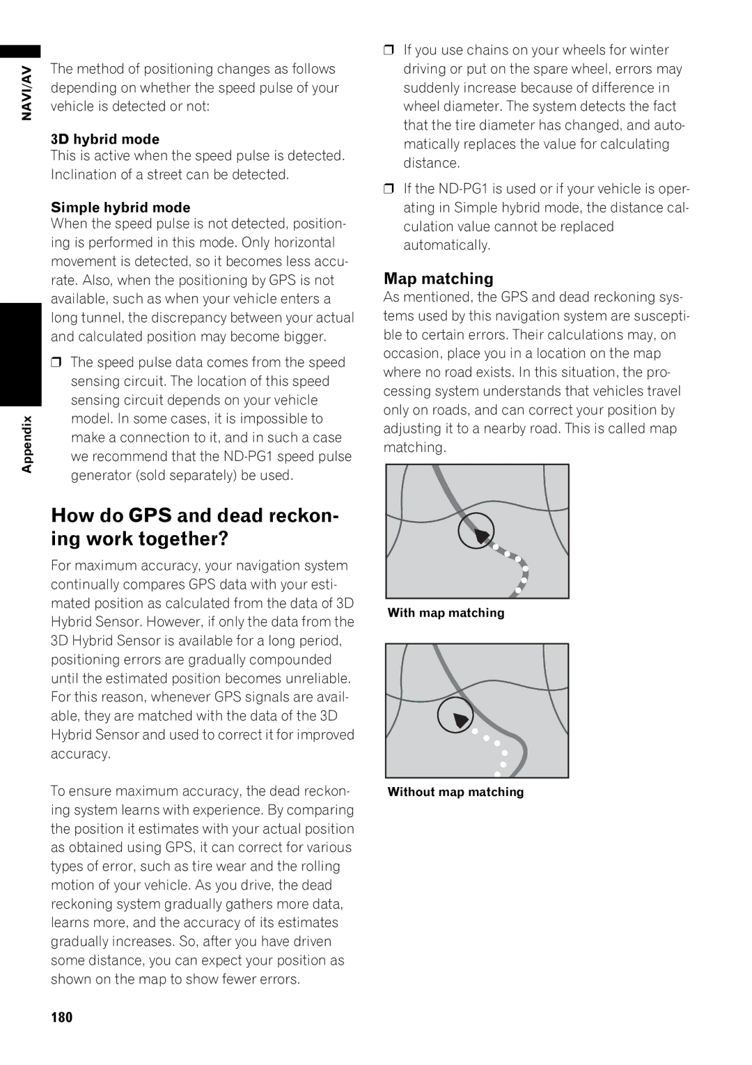 Pioneer AVIC-Z1 operation manual How do GPS and dead reckon- ing work together?, Map matching, Simple hybrid mode, 180 