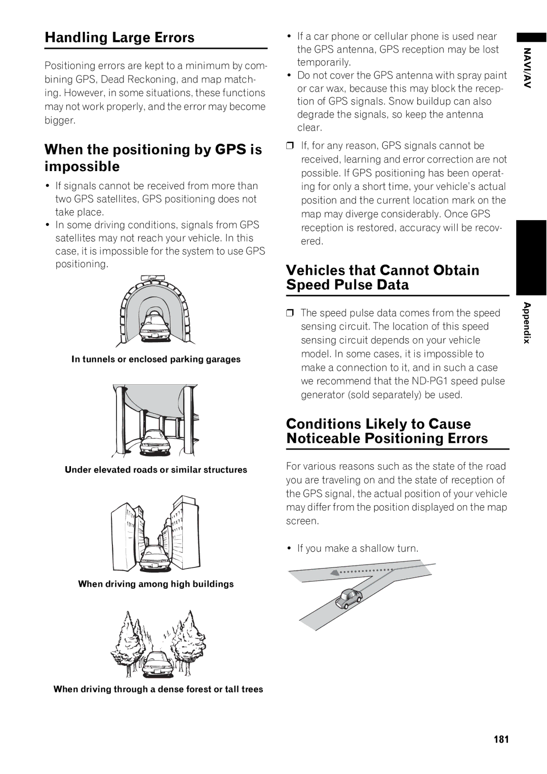Pioneer AVIC-Z1 operation manual Handling Large Errors, When the positioning by GPS is impossible, 181 