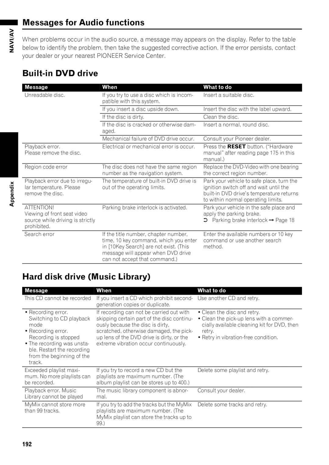 Pioneer AVIC-Z1 operation manual Messages for Audio functions, Built-in DVD drive, Hard disk drive Music Library, 192 