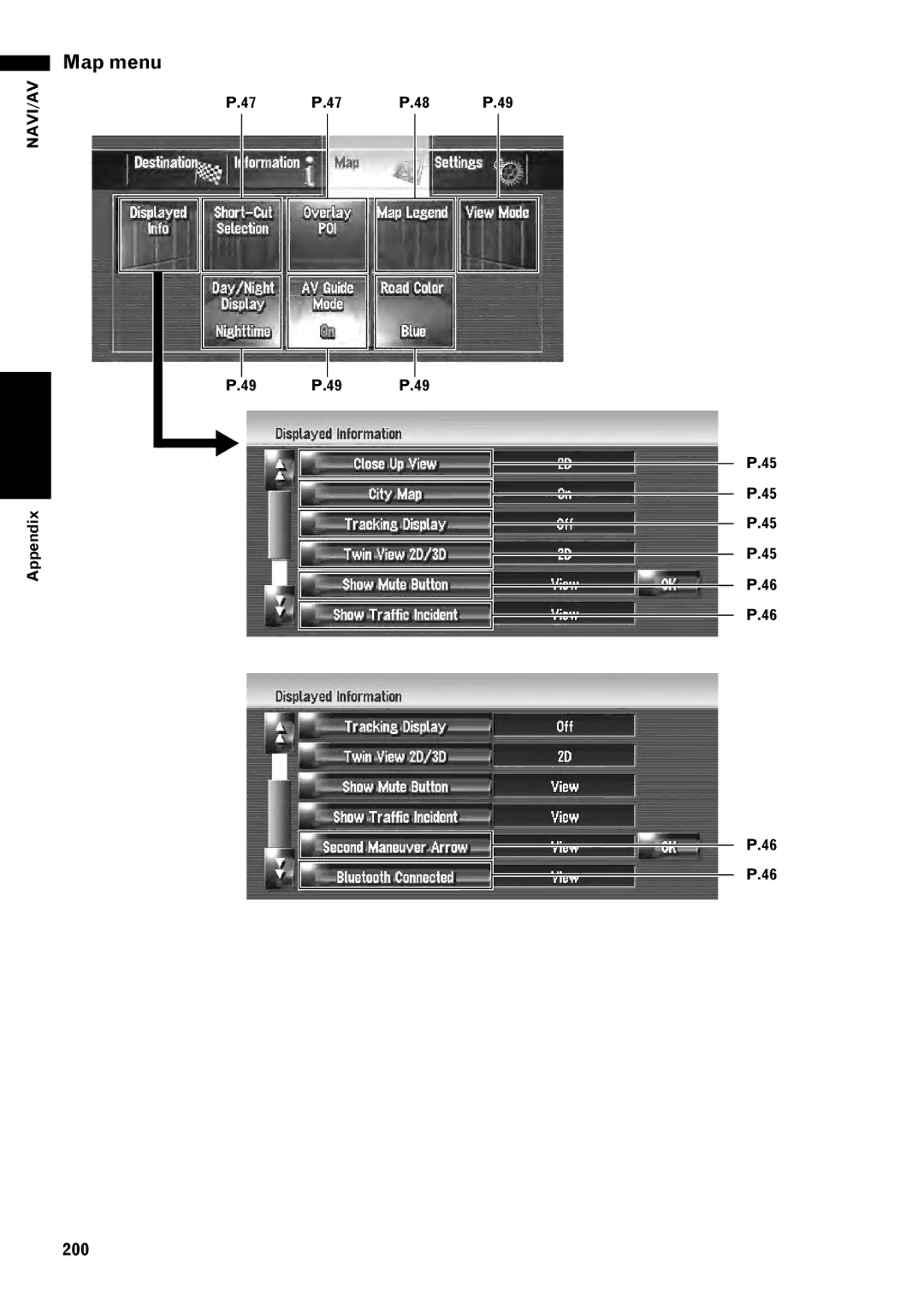 Pioneer AVIC-Z1 operation manual Map menu, 200 