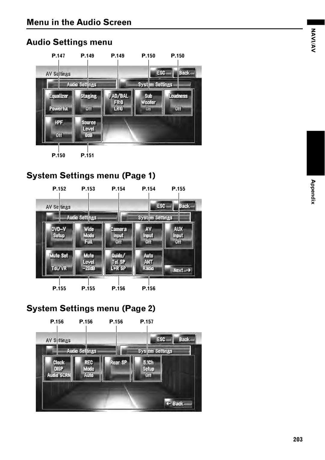 Pioneer AVIC-Z1 operation manual Menu in the Audio Screen Audio Settings menu, System Settings menu, 203 