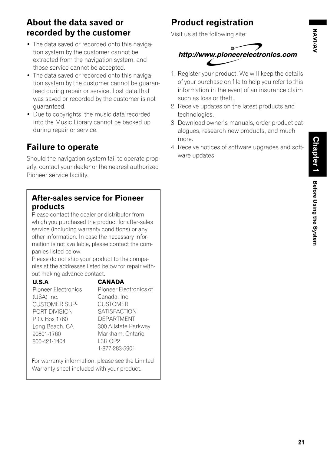 Pioneer AVIC-Z1 operation manual About the data saved or recorded by the customer, Failure to operate, Product registration 