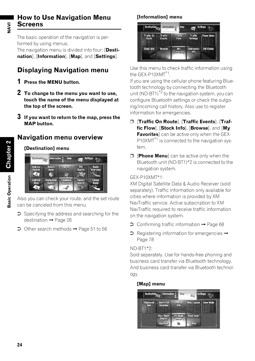 Pioneer AVIC-Z1 How to Use Navigation Menu, Screens, Displaying Navigation menu, Can be canceled from this menu 