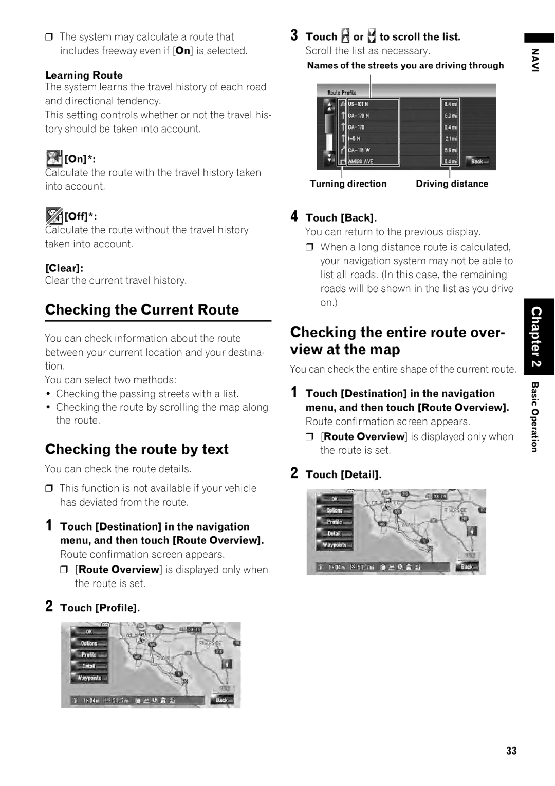 Pioneer AVIC-Z1 Checking the Current Route, Checking the route by text, View at the map, Checking the entire route over 