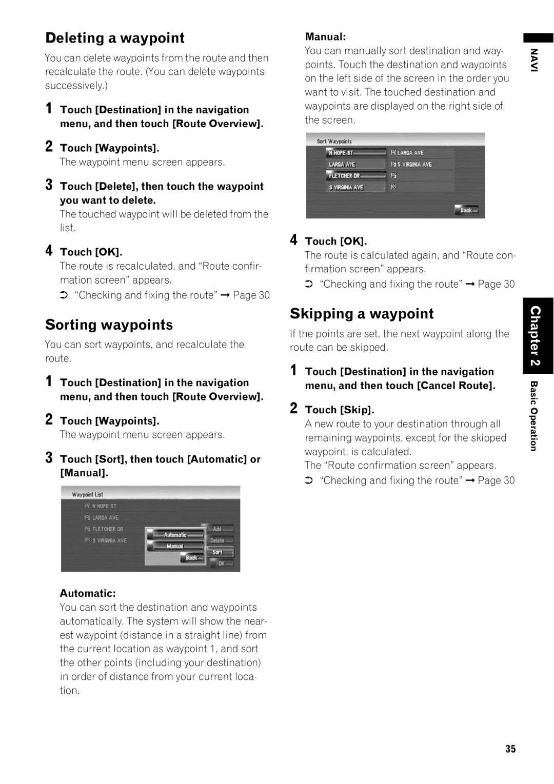 Pioneer AVIC-Z1 operation manual Deleting a waypoint, Sorting waypoints, Skipping a waypoint 