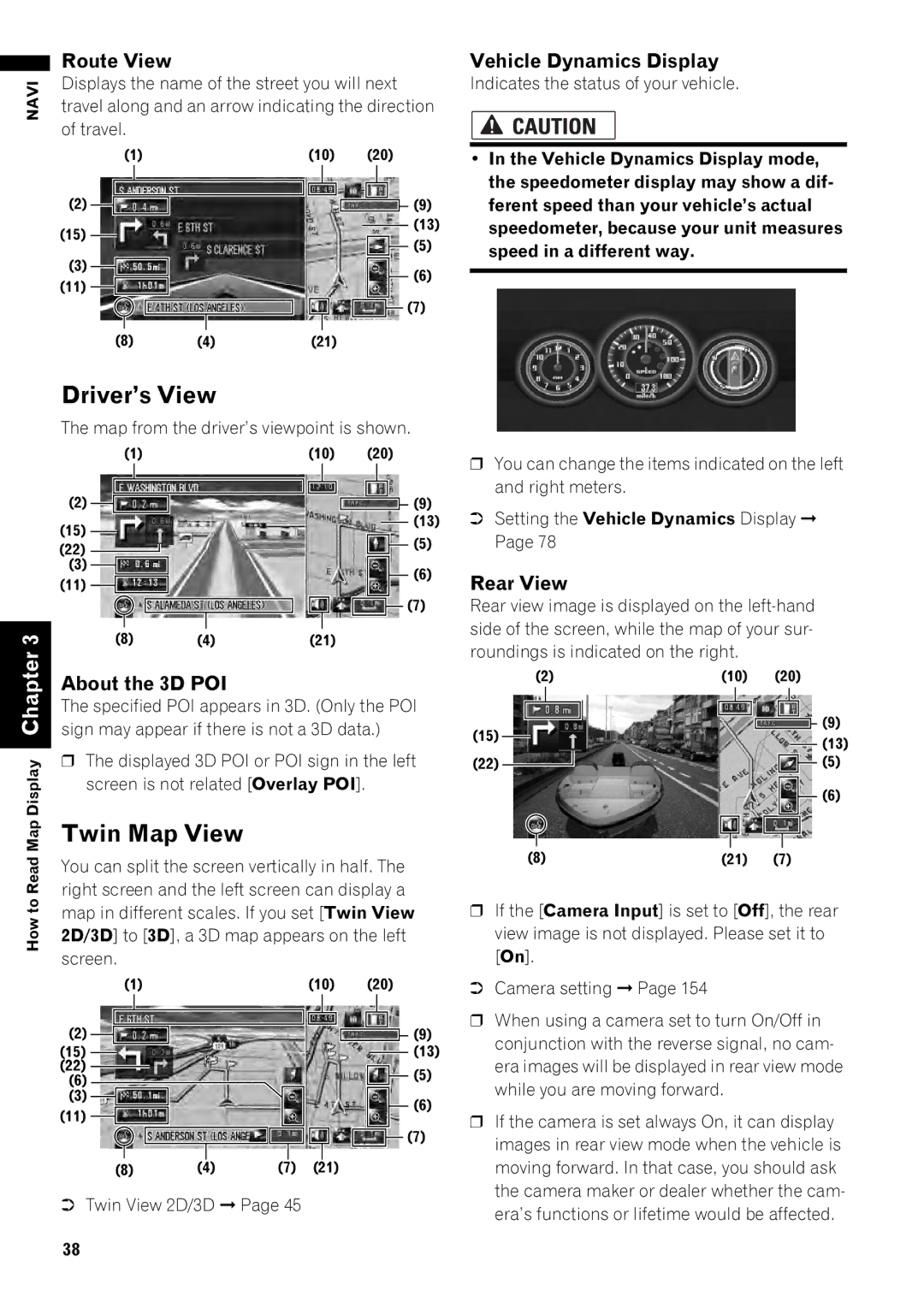 Pioneer AVIC-Z1 Driver’s View, Twin Map View, Route View Vehicle Dynamics Display, Rear View, About the 3D POI 