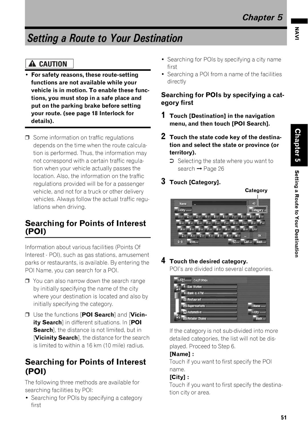 Pioneer AVIC-Z1 operation manual Setting a Route to Your Destination, Searching for Points of Interest POI, Touch Category 