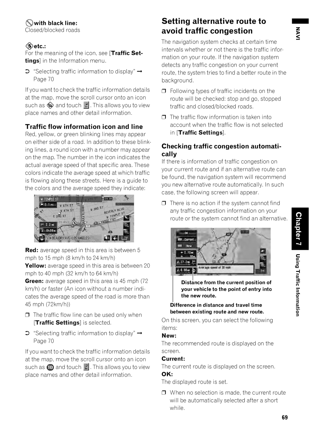 Pioneer AVIC-Z1 Setting alternative route to Avoid traffic congestion, Traffic flow information icon and line 