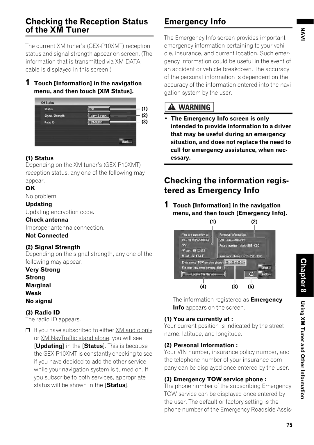 Pioneer AVIC-Z1 operation manual Checking the Reception Status of the XM Tuner, Emergency Info 