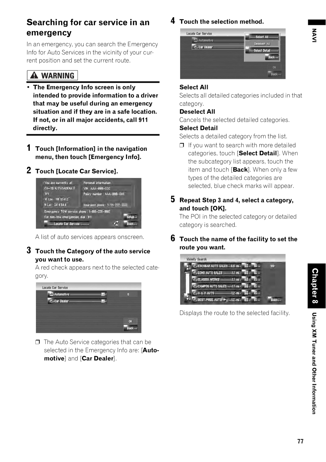 Pioneer AVIC-Z1 operation manual Searching for car service in an emergency 