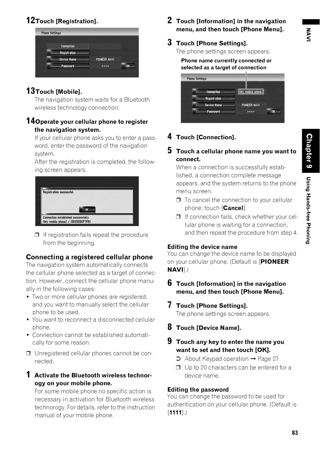 Pioneer AVIC-Z1 operation manual Connecting a registered cellular phone 