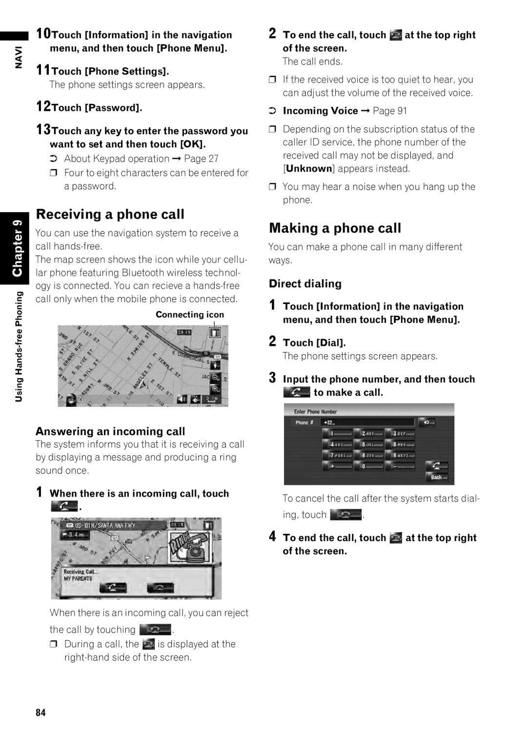 Pioneer AVIC-Z1 operation manual Receiving a phone call, Making a phone call, Direct dialing, Answering an incoming call 