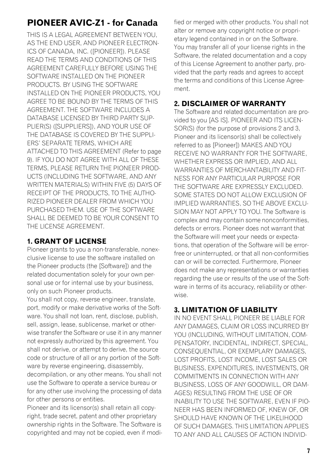 Pioneer operation manual Pioneer AVIC-Z1 for Canada 