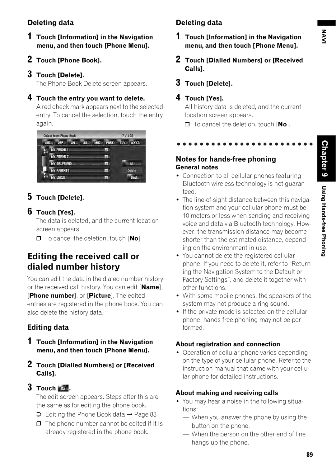 Pioneer AVIC-Z1 operation manual Editing the received call or dialed number history, Deleting data, Editing data 