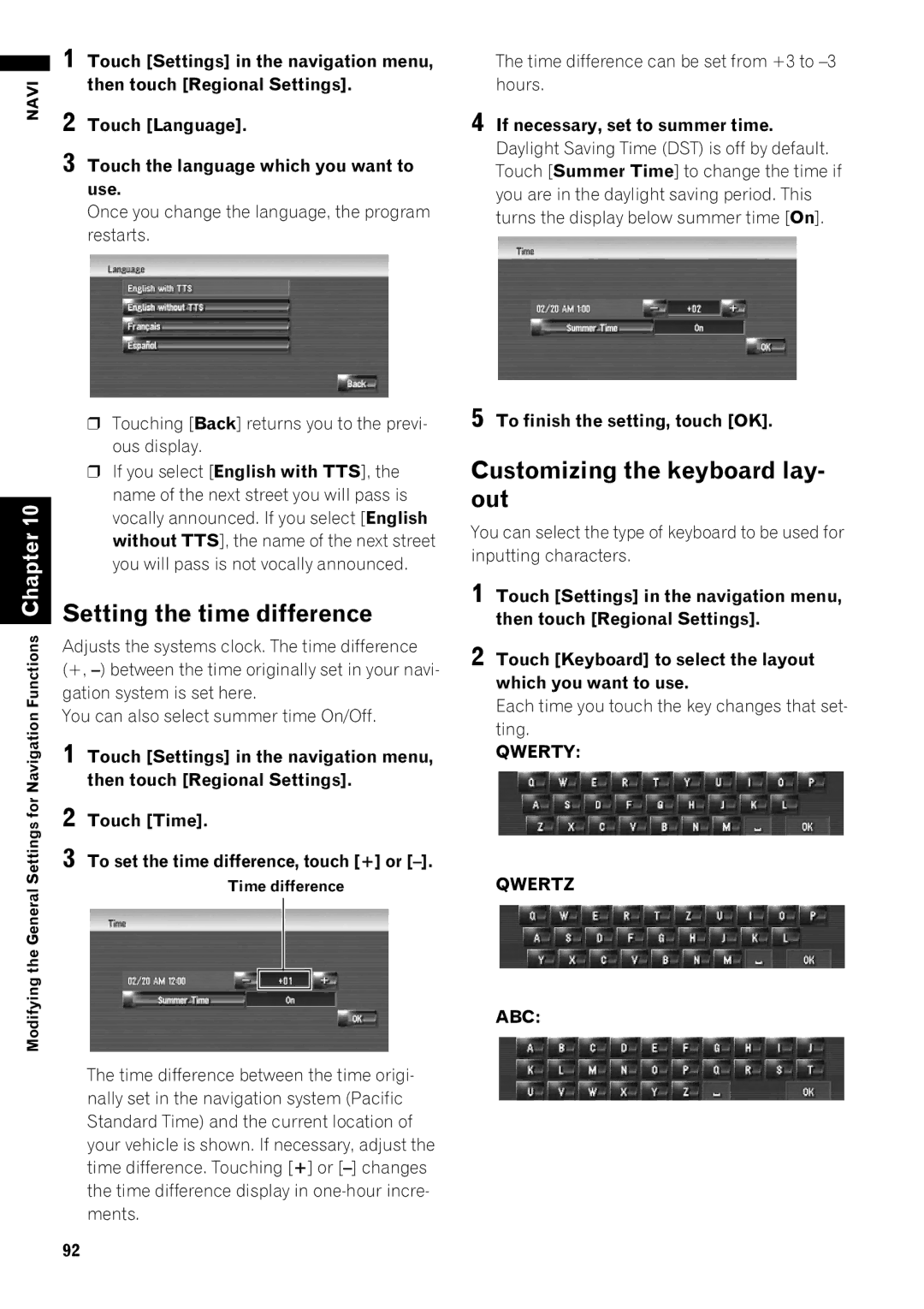 Pioneer AVIC-Z1 Setting the time difference, Customizing the keyboard lay- out, Touch Settings in the navigation menu 