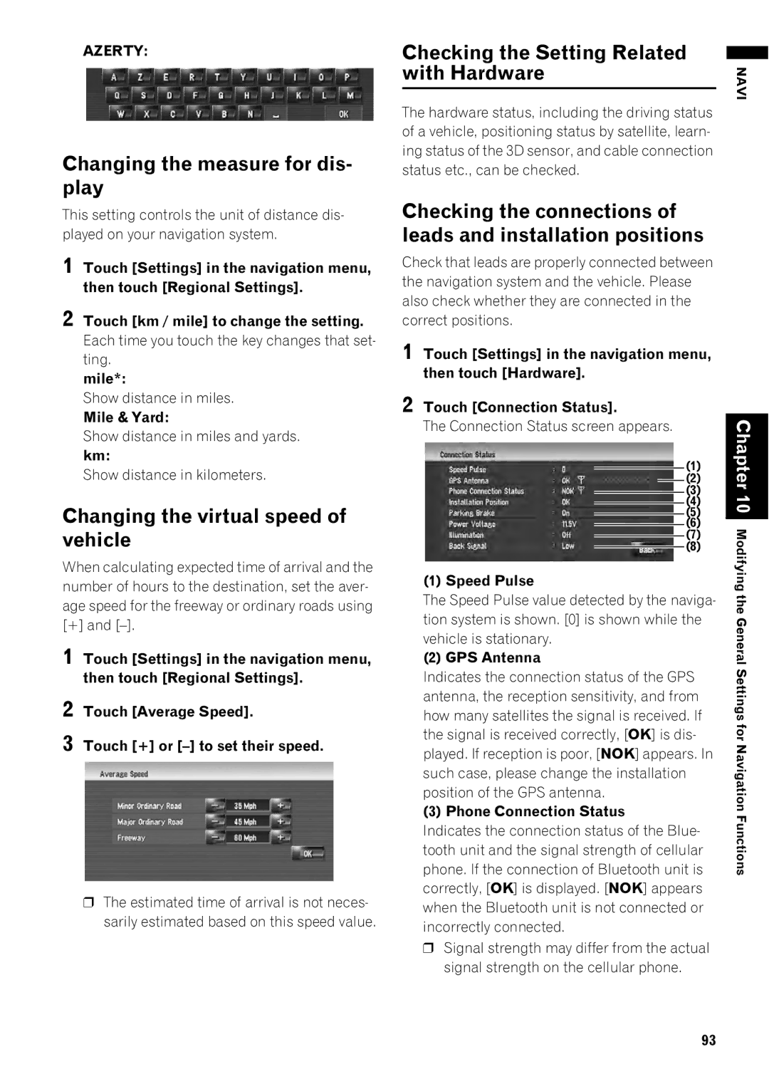 Pioneer AVIC-Z1 Changing the measure for dis- play, Checking the Setting Related With Hardware, Changing the virtual speed 