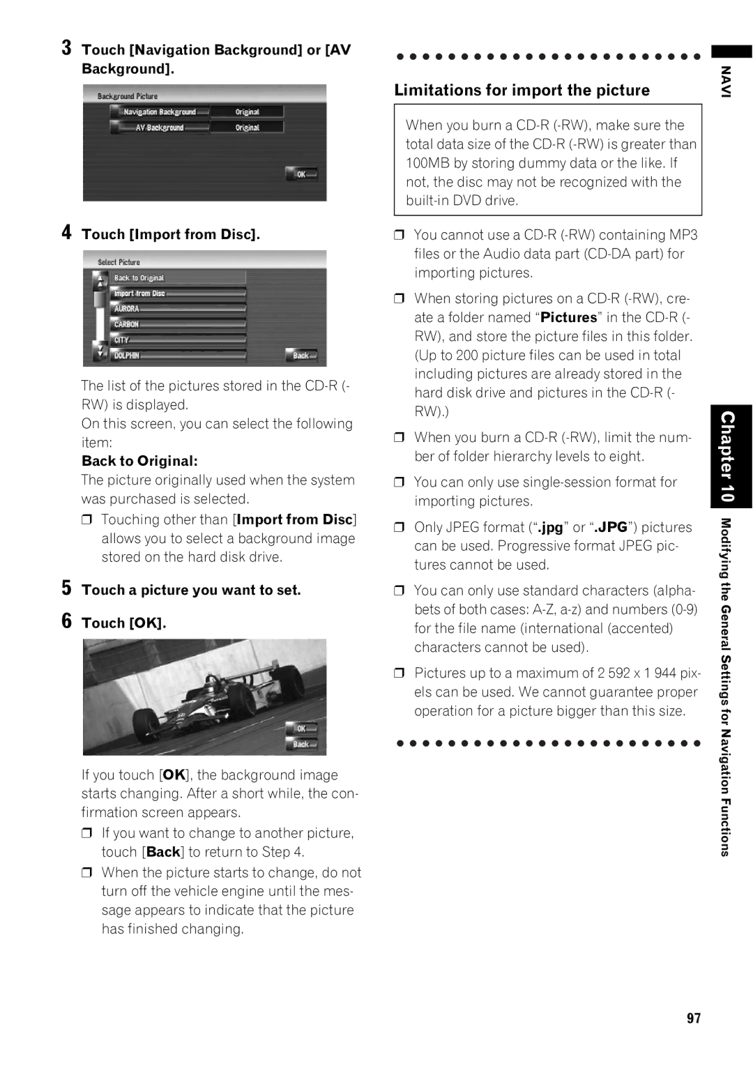 Pioneer AVIC-Z1 operation manual Limitations for import the picture 