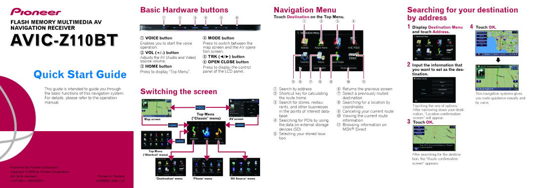 Pioneer AVIC-Z110BT quick start Basic Hardware buttons Navigation Menu, By address, Switching the screen 