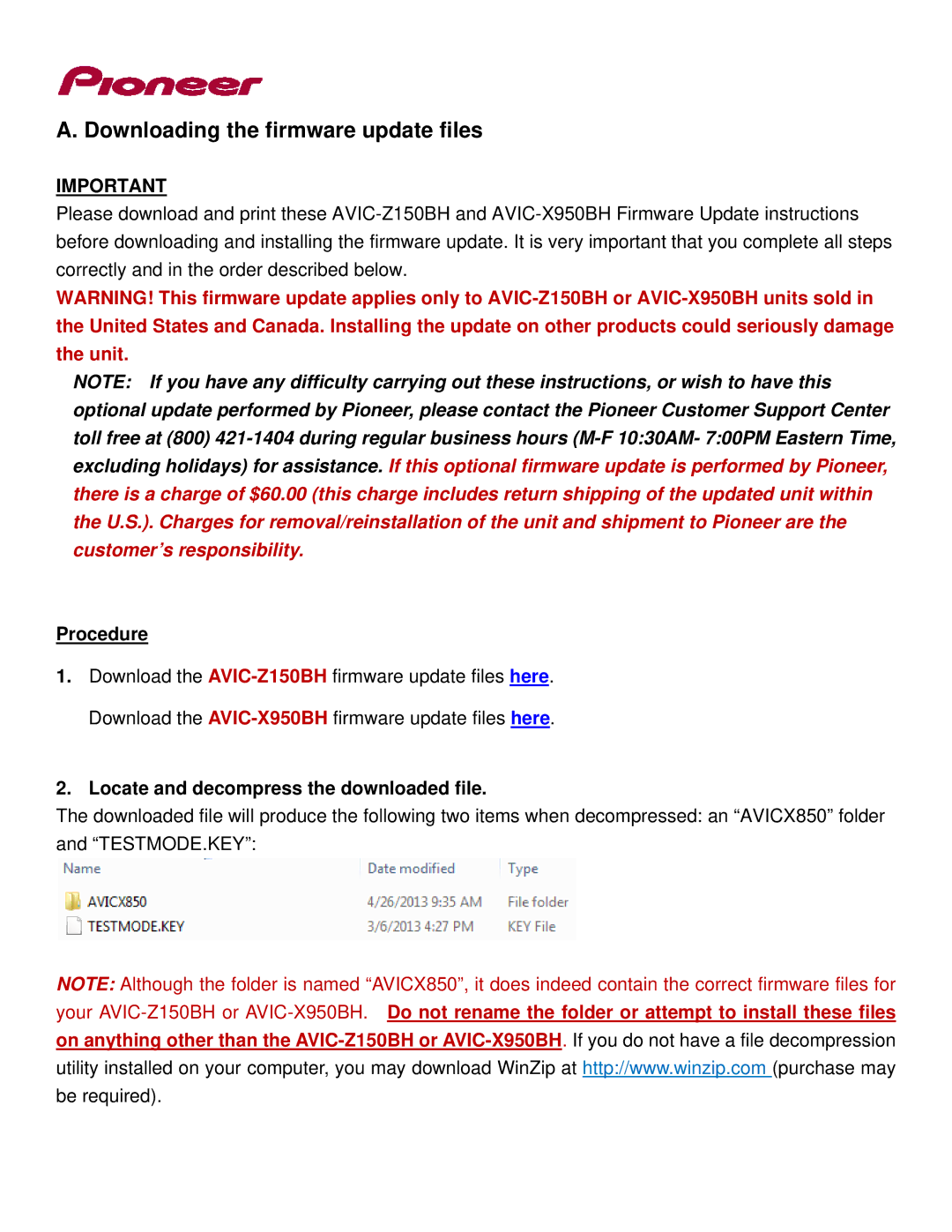 Pioneer AVIC-Z150BH manual Downloading the firmware update files, Procedure, Locate and decompress the downloaded file 