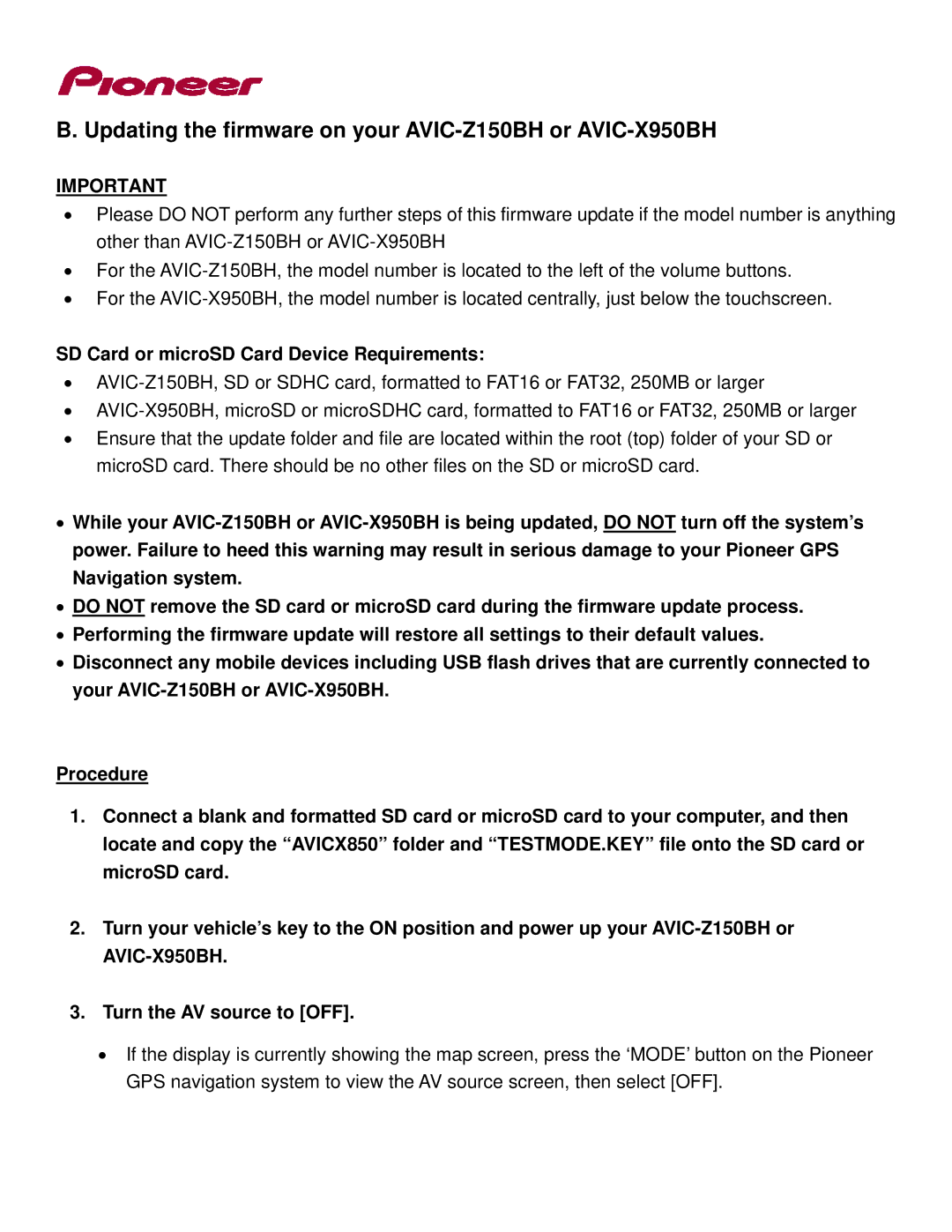 Pioneer manual Updating the firmware on your AVIC-Z150BH or AVIC-X950BH, SD Card or microSD Card Device Requirements 