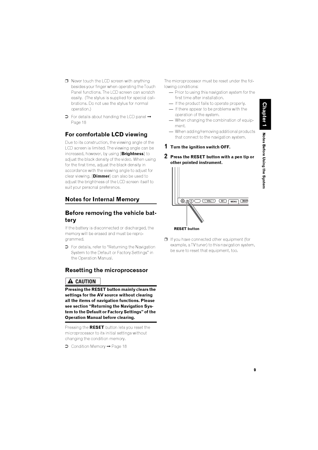 Pioneer avic-z2 manual For comfortable LCD viewing, Before removing the vehicle bat- tery, Resetting the microprocessor 