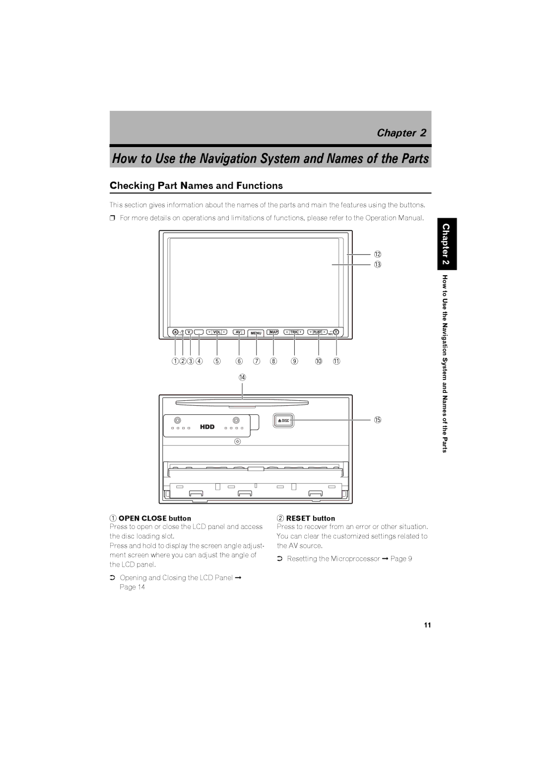 Pioneer avic-z2 manual Checking Part Names and Functions, Open Close button, Reset button 