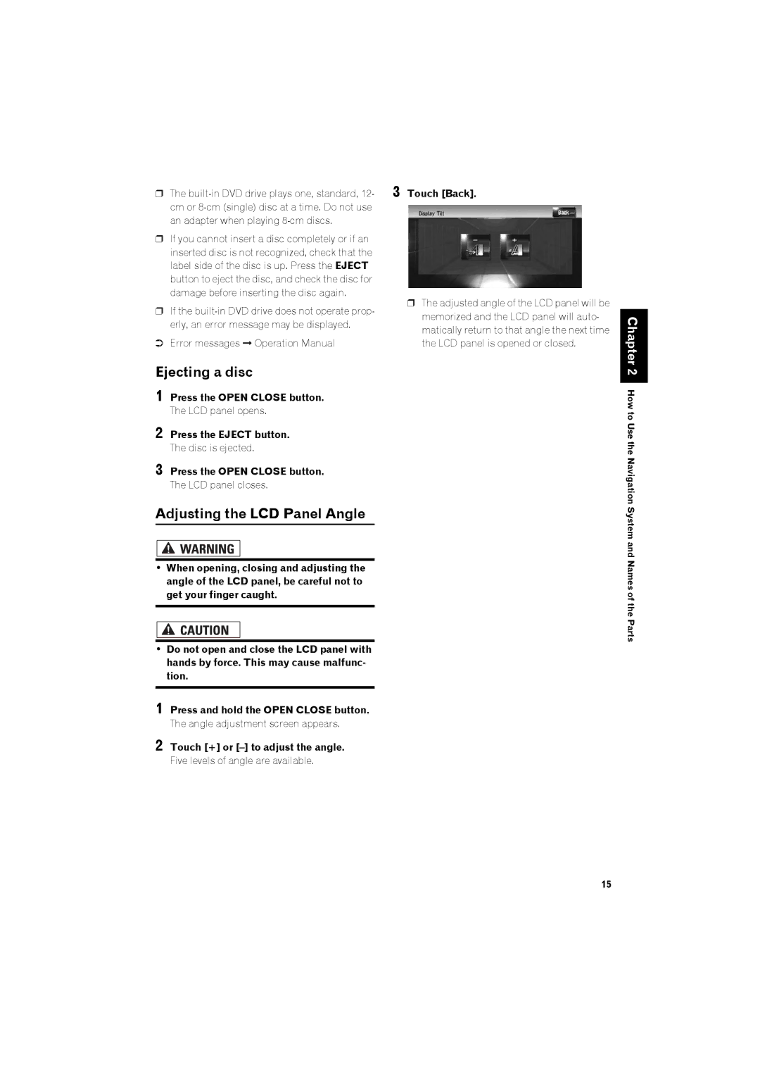 Pioneer avic-z2 manual Ejecting a disc, Adjusting the LCD Panel Angle 