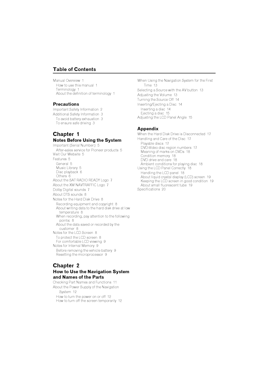 Pioneer avic-z2 manual Chapter, Table of Contents 