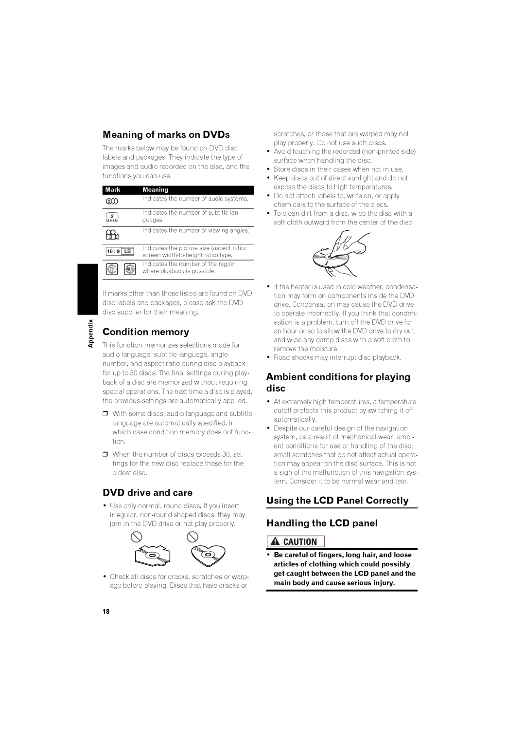 Pioneer avic-z2 manual Meaning of marks on DVDs, Condition memory, DVD drive and care, Ambient conditions for playing disc 