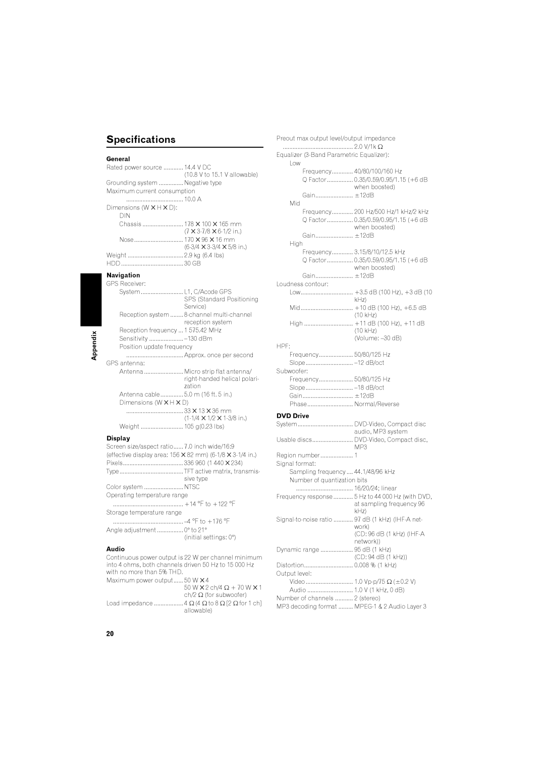 Pioneer avic-z2 manual Specifications, General 