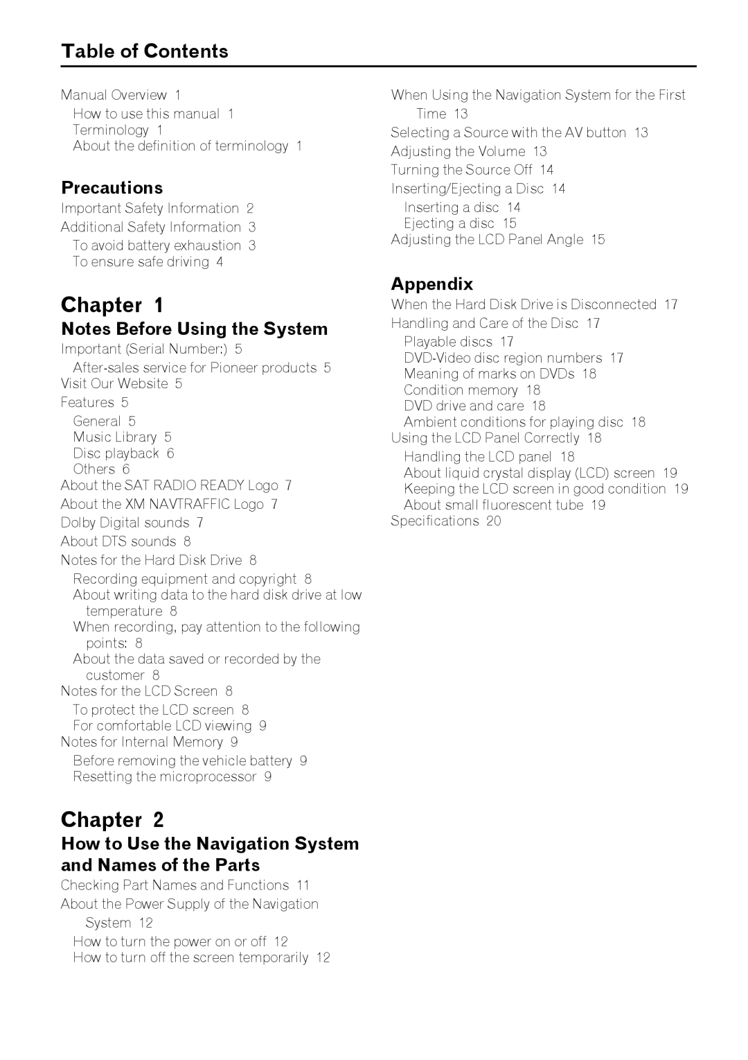 Pioneer AVIC-Z3 manual Chapter, Table of Contents 